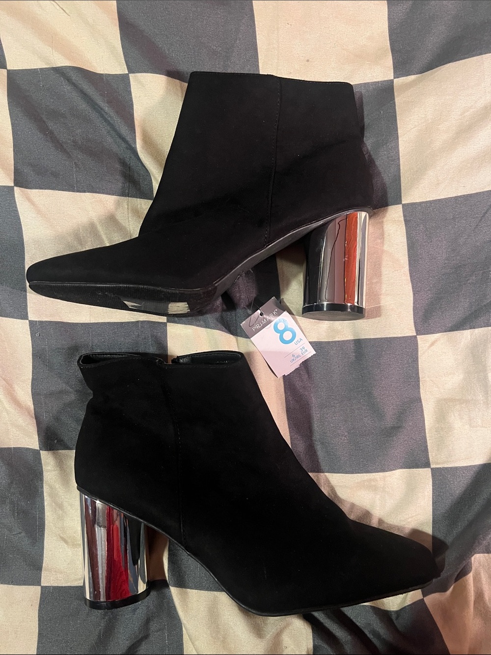 Primark Black Suede Ankle Boots with Metallic Silver Block Heel